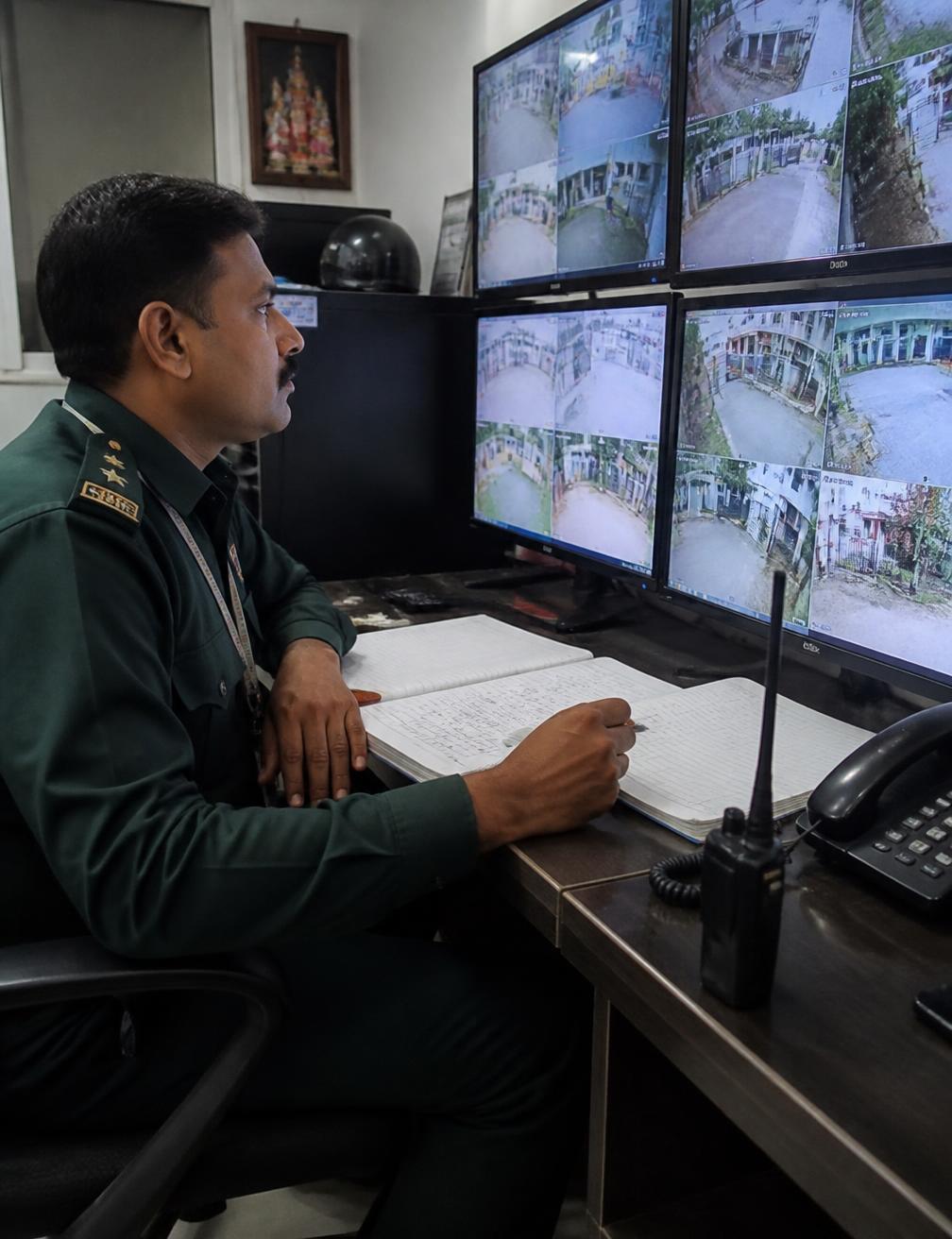Security supervisor monitoring CCTV feeds of Hyderabad client sites from the 24/7 control room