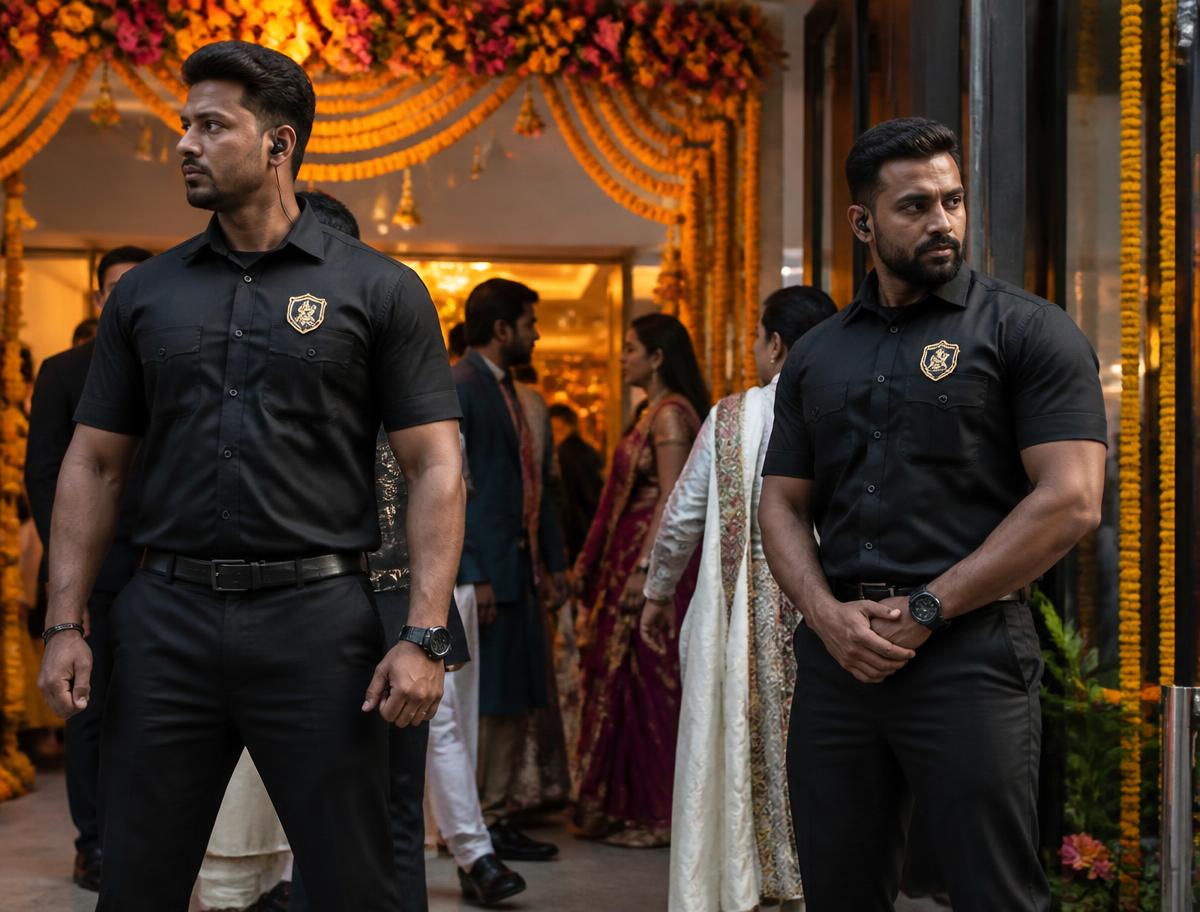 Indian bouncers handling crowd control at a wedding venue entrance in Hyderabad