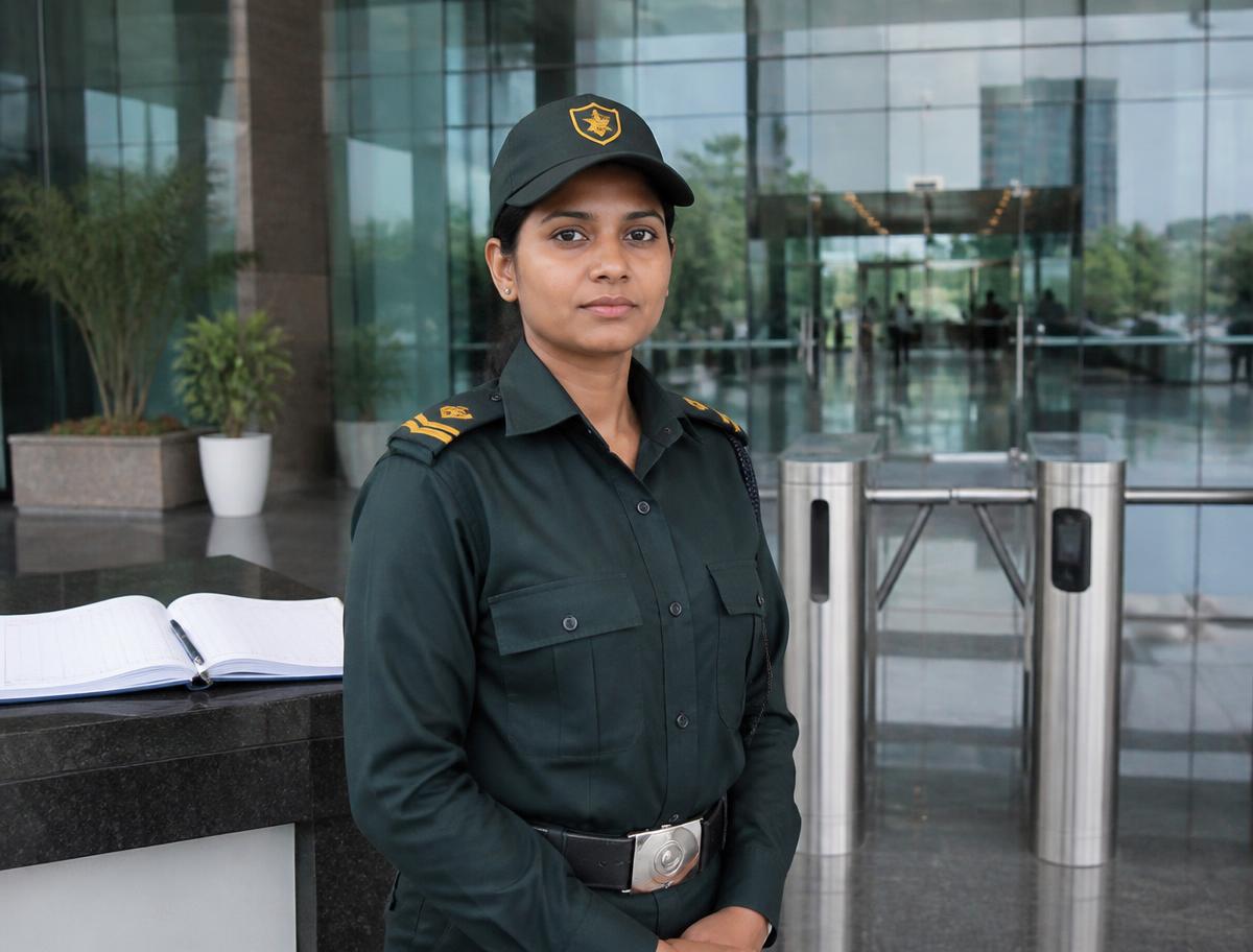Female security guard at an IT park office reception in HITEC City, Hyderabad