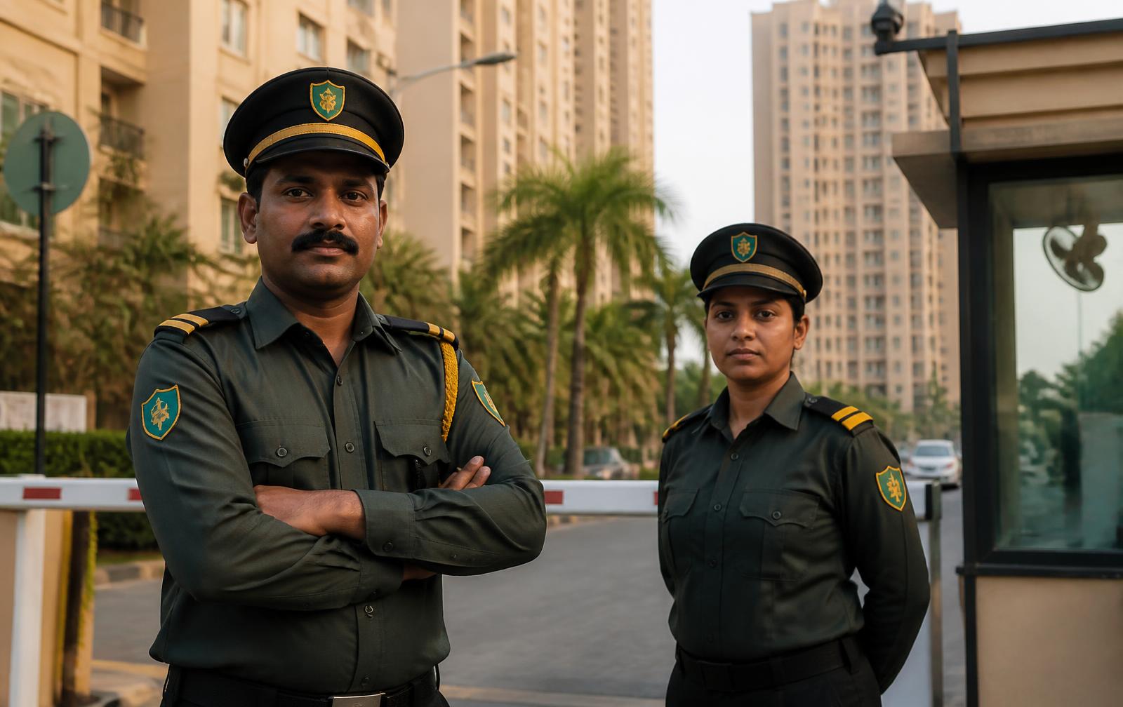 Indian male and female security guards of Soldier Security Services on duty at a gated community gate in Hyderabad