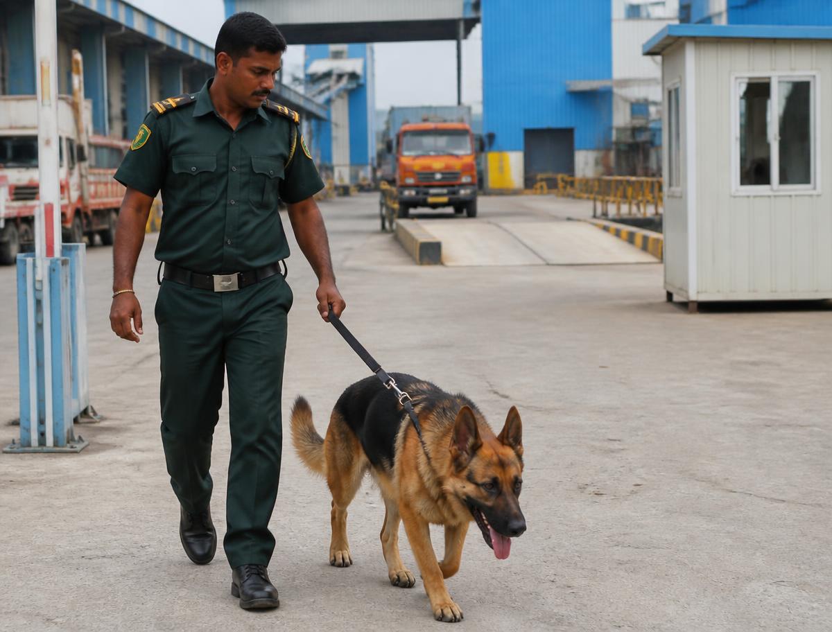 PSARA trained security officer with a dog squad at an industrial unit in Hyderabad